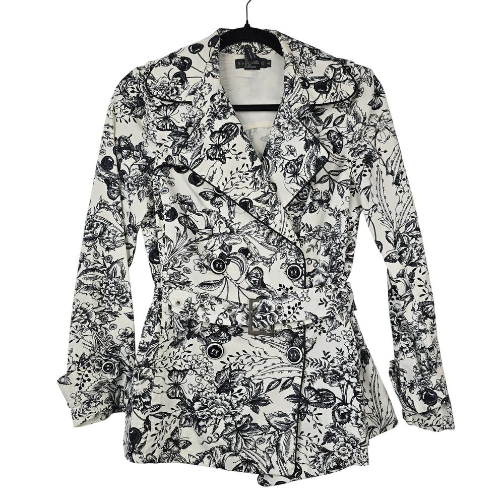 Rampage Coat Womens Small White Floral Trench Belted Lined Collar Pockets